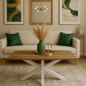 MESA CENTRO STACY RECTANGULAR TAPA ROBLE, PATAS BLANCAS