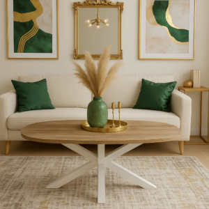 MESA CENTRO STACY OVAL TAPA ROBLE PATAS BLANCA