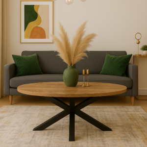 MESA CENTRO STACY OVAL TAPA ROBLE PATAS NEGRAS